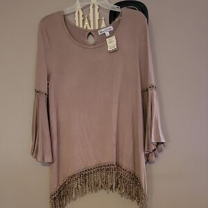 Women's Taupe Top with Fringe Detail